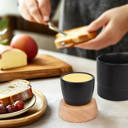 Countertop French Butter Dish,Samseel Porcelain Butter Crock with Water Line and Thick Wooden Lid, a Butter Keeper