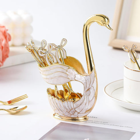 Gold Swan Base Holder, Elegant Dessert Spoons Organizer with 6pcs Coffee Spoon Set, Premium Zinc Alloy (Gold)