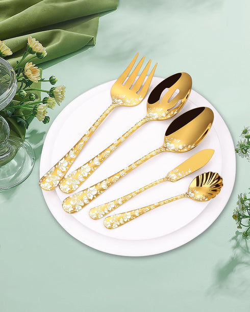 Stapava Serving Utensils Gold - 5 Pieces Stainless Steel Silverware Set for Restaurant Banquet Buffet