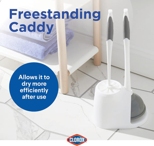 6.75 7 19.5 Clorox Toilet Plunger and Bowl Brush Combo with Caddy, x x in, White/Gray