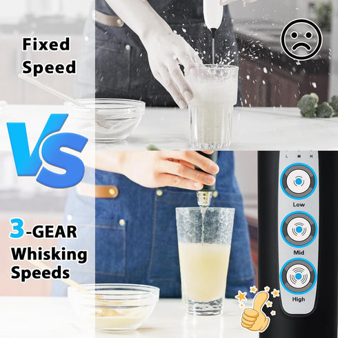 Milk Frother with Stand, Rechargeable Handheld Coffee Frother with 3 Stainless Whisks, Electric Whisk Drink Mixer