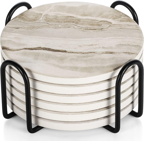 LIFVER Coasters Set of 6, Coasters for Drinks Absorbent Stone with Holder,