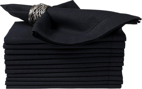 Cloth Napkins Set of 12, Cotton Dinner Napkins, Hemstitched Wedding Napkins, Machine Washable 18x18 Jet Black