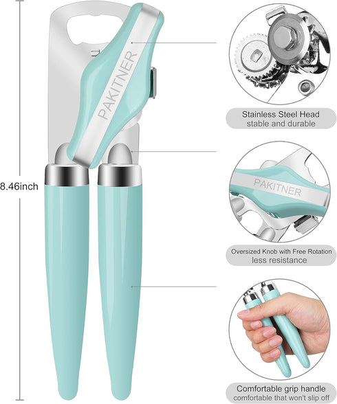 Can Opener Manual, Safe Cut Heavy Duty Hand Can Opener with Magnetic Lifter, Stainless Steel with Sharp Blade Smooth Edge Can opener, Easy Big Turn Knob, with Bottle Opener, Aqua Sky by PAKITNER