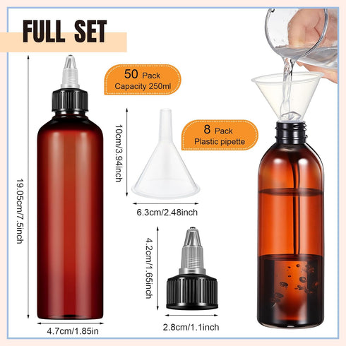 12 (8 oz,Amber) Barydat Pcs Squeeze Bottle Twist Top Applicator Empty Hair Oiling Bottle with Funnels Refillable