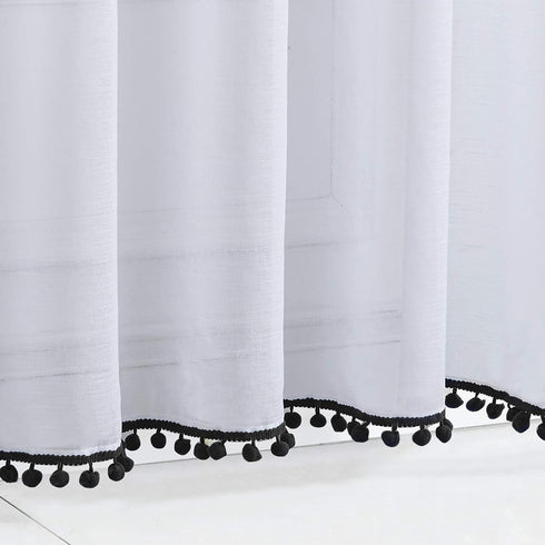 Treatmentex 2 Panels White Sheer Curtains with Black Pompoms, 63" Long Window Draperies for Boy's Room