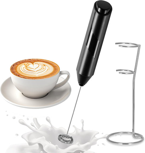 Simple Deluxe Handheld Milk Frother, Battery-Operated Mixer with Stainless Steel Stand for Coffee, Frappe, Black