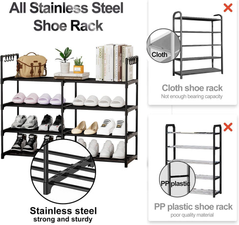 DYJIEKAI 2 4 16-20 Closet, Rows Tier Shoe Rack, Black Metal Stackable Shoe Shelf with Multifunctional Hooks, Hold