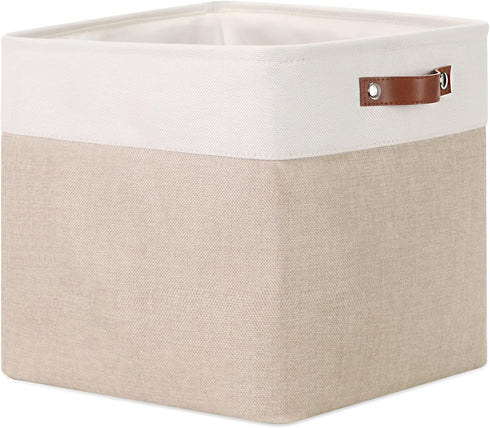 DULLEMELO Cube Storage Bin 13x13, Collapsible Fabric Storage Cube for Organizing Toys, Clothes, Nursery, White & Khaki.