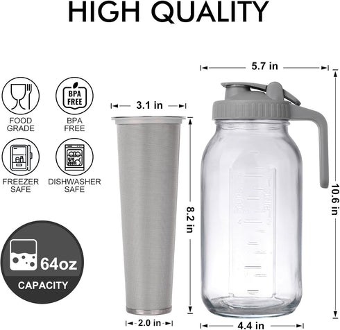 Cold Brew Mason Jar Iced Coffee Maker, Durable Glass, 64 oz with Handle & Stainless Steel Filter for Iced Drinks