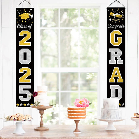 DAZONGE 2025 Graduation Decorations, Black & Gold Class of Porch Banners for Any Schools or Grades Party Supplies