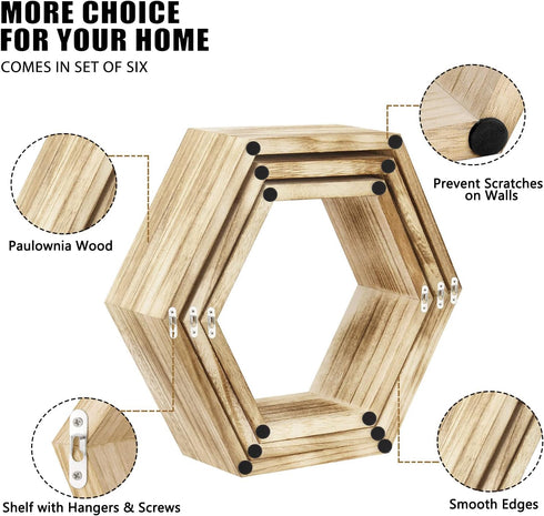 Set 6 NOVIMANGO Hexagonal Floating Shelves Wall Mounted of Wooden Hexagon Shelves Farmhouse Storage Honeycomb Shelves