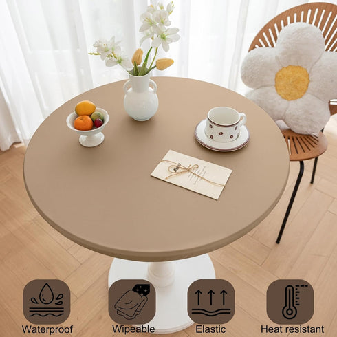 24 Inch Coffee,24"Dia) Round Fitted PU Tablecloth with High Elastic Edge Dia Waterproof Oil Proof Table Cloth