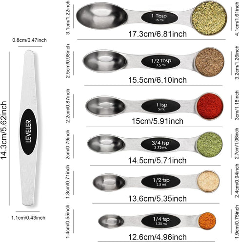 Magnetic Measuring Spoons Set Stainless Steel with Leveler, Stackable Metal Tablespoon Measure Spoon for Baking, Cups and Spoon Set Kitchen Gadgets Apartment Essentials Fits in Spice Jars by BIDFUL