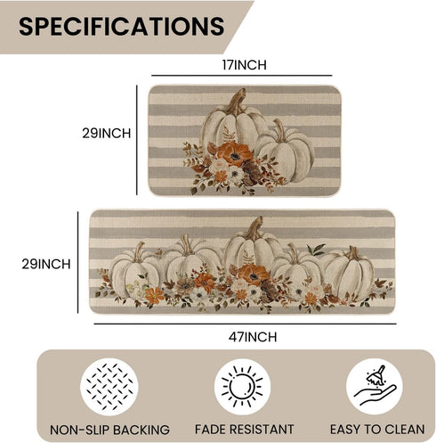 Fall Pumpkins with Flowers Kitchen Rugs, Set of 2, Autumn Harvest Thanksgiving Home Decor Mats