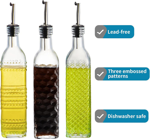 MDLUU Set, 17oz 3 3 1 Pack 3 Oil and Vinegar Dispenser Clear Glass Olive Oil Bottles, Kitchen Vinegar Decanters
