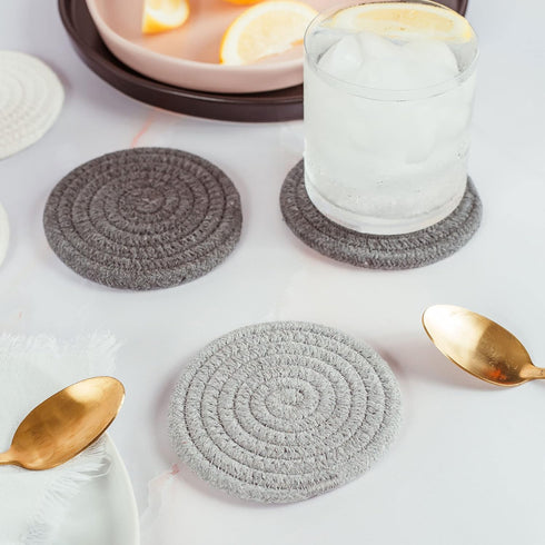 OrganiHaus Set of 6 Gray Woven Coasters for Wooden Table, 4.3" Absorbent Cup Coasters for Drinks, Cute Fabric Coasters