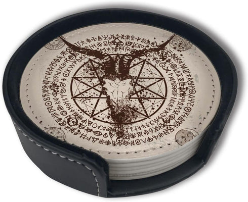 Yilad Set 6 Satan Goat Skull Coasters for Drinks with Holder Leather Coasters of for Coffee Table