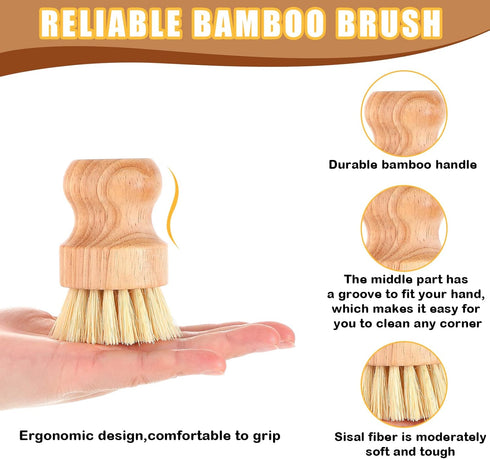 Bamboo Dish Scrub Brushes Wooden Cleaning Scrubbers Set, Kitchen Dish Brush with Natural Sisal Bristles for Home