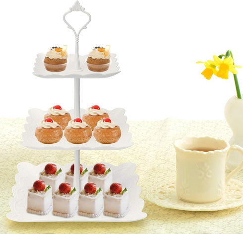 Coitak 3 Tier Cupcake Stand, Plastic Tiered Serving Stand, Square Dessert Tray for Baby Shower, Tea Party, Wedding