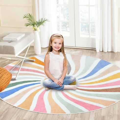 SKGULE 5 Boho Kids Round Rug Colorful Sun Bohemia Round Kid Area Rug for Playroom Non-Slip Washable Play Mat Soft