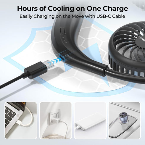 AMACOOL Neck Fan - Battery Operated Neckband Fan, Hands-Free Wearable Personal Fan for Hot Flashes, Travel (Black)
