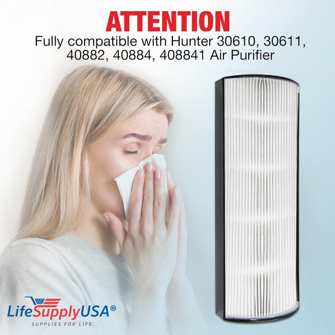 LifeSupplyUSA True HEPA Filter Replacement for Hunter Air Purifier Models 30610, 30611, 40882, 40884, 408841