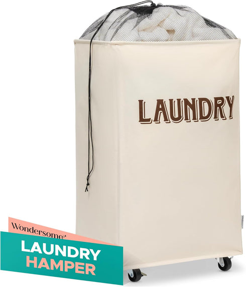 90-Liter Wondersome Laundry Hamper with Wheels - Farmhouse Cream - Extra Large Collapsible Rolling Clothes Cart - Heavy