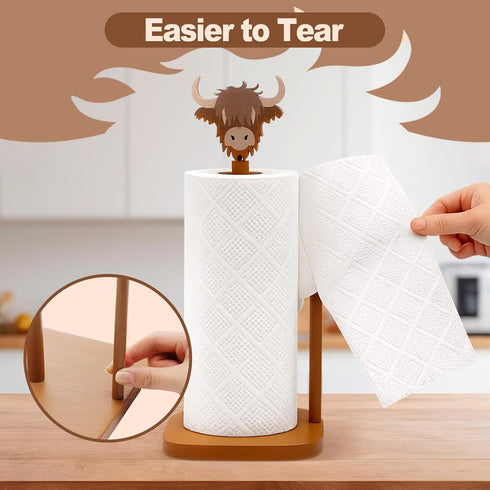 Leinuosen Countertop Brown Paper Towel Holder Cute Highland Cow Wooden Paper Towel Holder Brown Bathroom Accessories