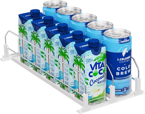 Puricon Drink Organizer for Fridge, Spring Loaded Self Pushing Soda Can Dispenser, 2 Rows Beverage Holder in White