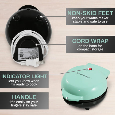 Elite Gourmet EWM013M# Mini Electric Waffle Maker, 5-inch Nonstick Cooking Surface for Belgian Waffles, Mint