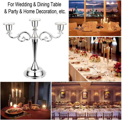 OwnMy 3 Arms Metal Candelabra, Silver Elegant Candle Holder for Wedding Dining Table Christmas Party Home Decoration