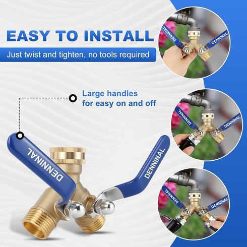 Denninal 2 304 3/4 Inch Brass Garden Hose Splitter Way Heavy Duty with Stainless Steel Long Handle, Outdoor Full Flow