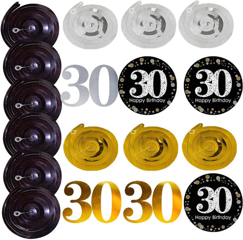 Black & Gold Glittery Happy 30th Birthday Banner, Poms, Sparkling 30 Hanging Swirls Kit