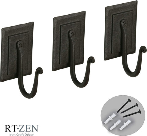 RTZEN Wall Mount Hook Set - Handcrafted Rustic Metal Coat Hooks for Hanging - Classic Farmhouse Black Hooks for Towel,