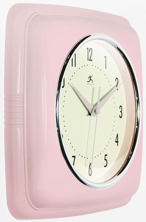 Infinity Instruments Square Silent Retro Wall Clock, 9 inch Mid Century Modern Kitchen Diner Quartz Sweep Movement, Pink