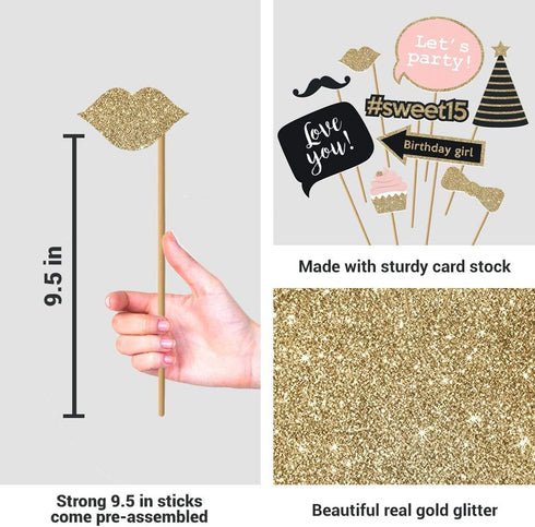 Fully Assembled Sweet 16 Birthday Photo Booth Props, Set of 30, Pink & Gold Selfie Signs, 16th Party Supplies
