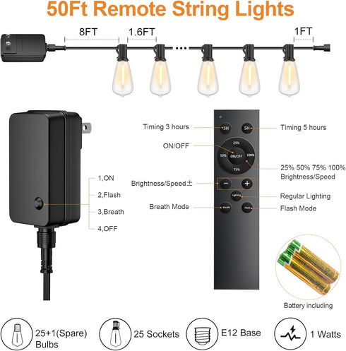 50FT 2500K 25+1 Bulbs, Dimmable Outdoor String Lights with Remote, Garden Patio Decor with Warm White, LED Edison