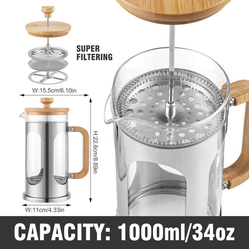 34 oz, 8 1000ml Sivaphe No-Plastic French Press Coffee Maker Borosilicate Glass Bamboo Lid and Handle Coffee Tea Press