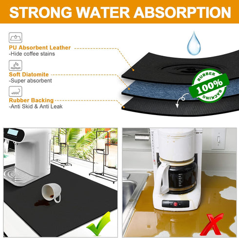 Dish Drying Mats for Kitchen Counter Coffee Mat Under Sink Mats for Kitchen Waterproof Dish Mat Drying Kitchen Mat Bar Mats for Countertop Coffee Bar Accessories (Black, 12"*19")