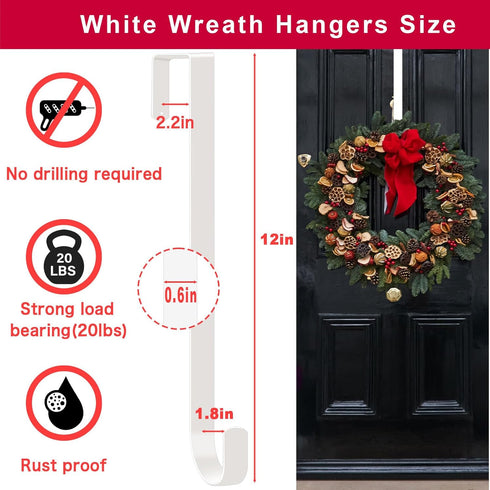 2 Pack Solid Wreath Hanger, Over The Door Metal Hook Holders for Front Door Window (White, 12 inch)