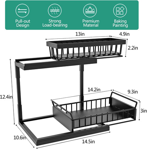 Under Sink Organizer,Metal 2 Tier Under Sink Organizers and Storage Basket,Slide out Under Cabinet Organizer Shelf,Multi-Purpose Pull Out Drawer Cabinet Organizer for Kitchen Bathroom Cabinet,Black by Hiviweer