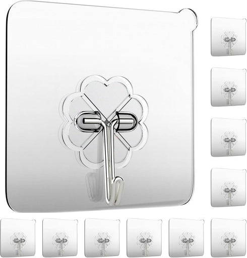 10 Pack Heavy Duty Wall Hooks, 33lb(MAX) Self Adhesive, Waterproof and Oilproof Transparent Seamless Hooks