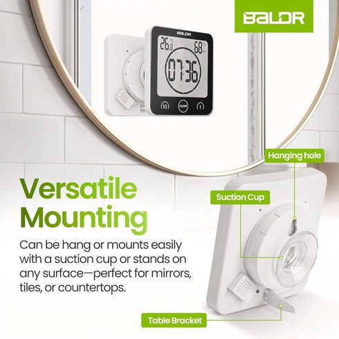 BALDR Digital Shower Clock with Timer - Black, Water-Resistant Countdown Timer Clock for Shower, Bathroom
