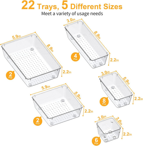 SMARTAKE 22-Piece Drawer Organizer with Non-Slip Silicone Pads, Clear Storage Trays for Makeup, Jewelry, Utensils