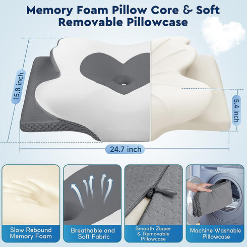 CushZone Cervical Neck Pillow, Memory Foam Neck Support Pillows for Sleeping, Shoulder Pillow for Side Sleepers, Back