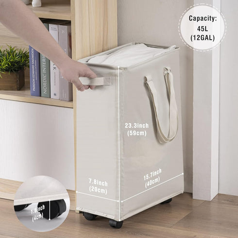 45L Closet, Slim Rolling Laundry Basket, Slim Laundry Hamper with Wheels and Adjustable Long Handles, Small Laundry