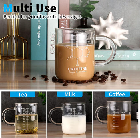 Caffeine Beaker Mug, 16 oz Chemistry Coffee Mug, Borosilicate Glass Measuring Graduated Beaker (450ml)