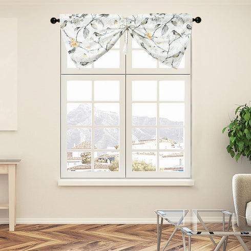 VOGOL Grey Window Valances for Living Room, 1 Panel Birds Pattern Linen Textured Kitchen Valance, 42 x 18 Inch Short Rustic Style Rod Pocket Curtains