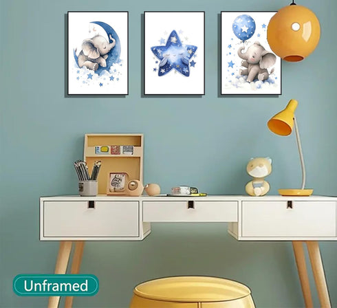 3Pcs 12X16unframed Blue Nursery Elephant Canvas Wall Art Baby Boy Wall Decor Cute Animal Painting Pictures Moon